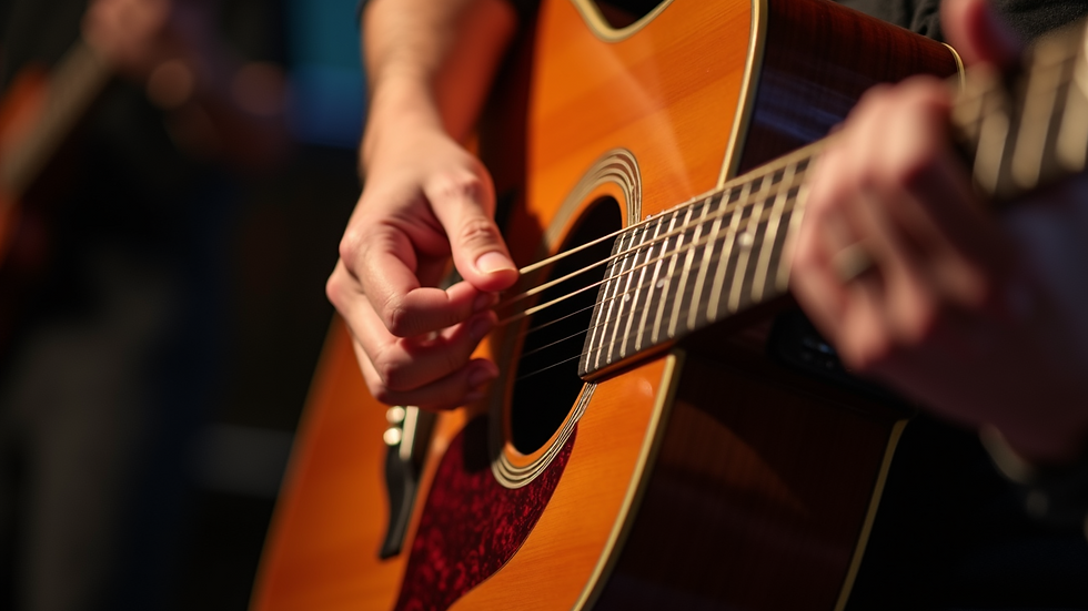 Close-up view of an acoustic guitar being played on stage