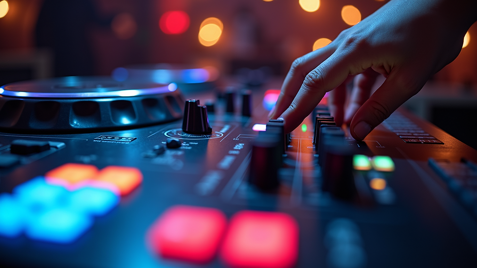 Close-up view of DJ mixing console with colourful lights