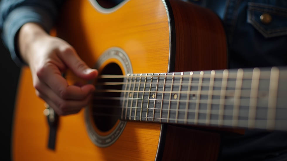 Eye-level view of acoustic guitar body with hand performing percussive slap