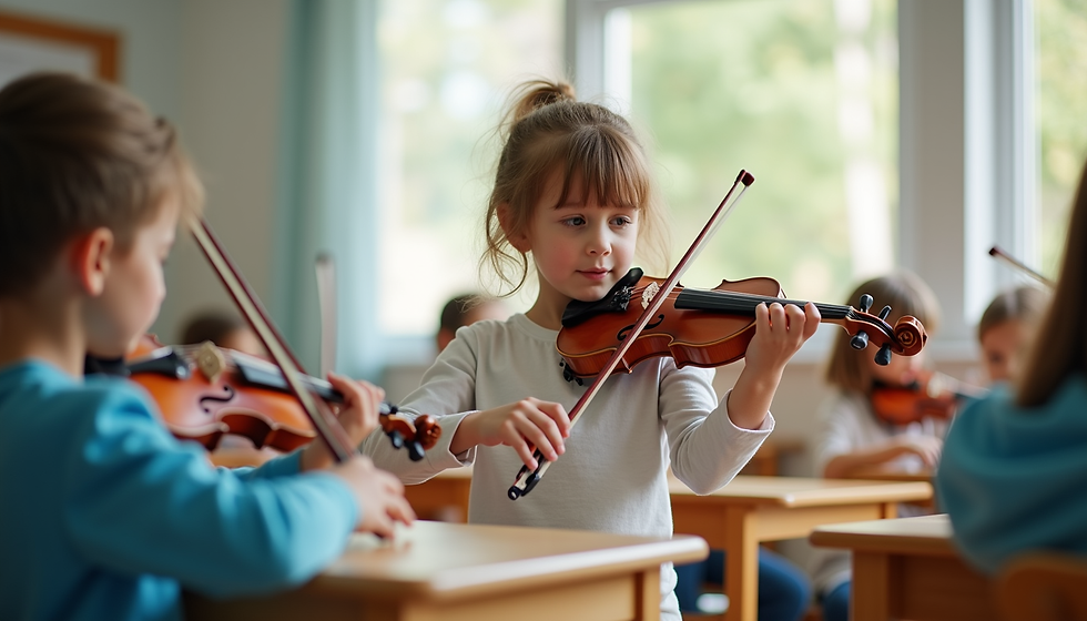 A young beginner violinist practising in a music classroom