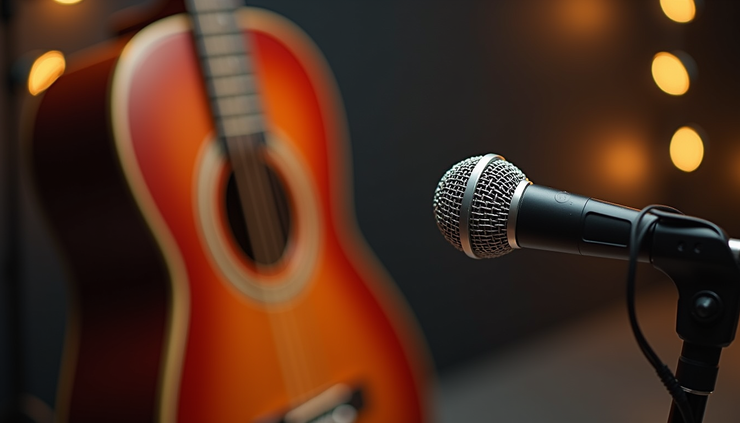 Close-up view of an acoustic guitar and microphone setup for a wedding first dance performance