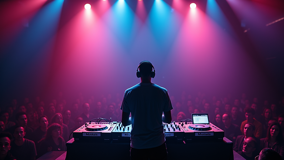 High angle view of DJ performing on stage with colourful lighting