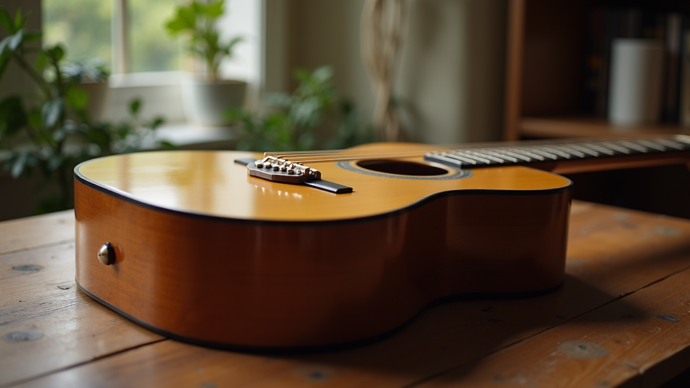 Close-up view of an acoustic guitar resting on a wooden table