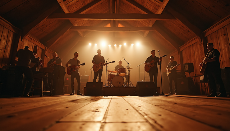 Eye-level view of a rustic barn wedding venue with a live acoustic band setup