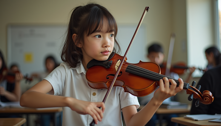 Eye-level view of a child playing violin in a classroom setting