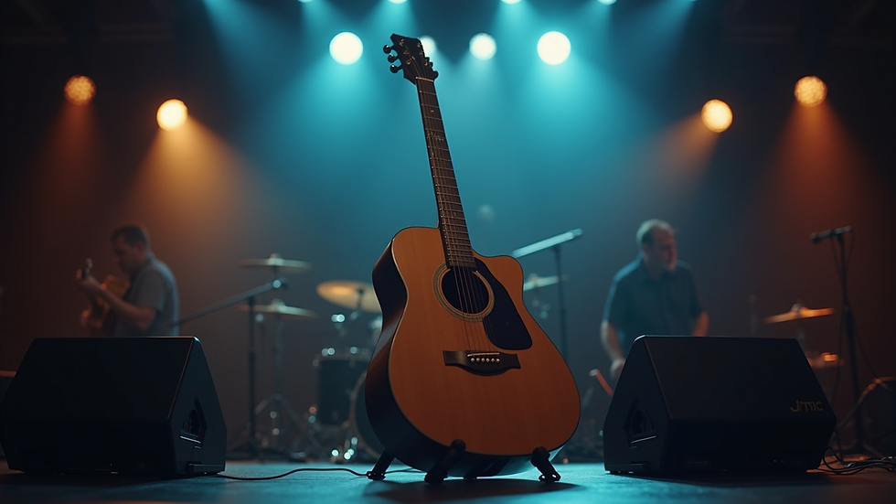 Eye-level view of an acoustic guitar on stage with soft lighting