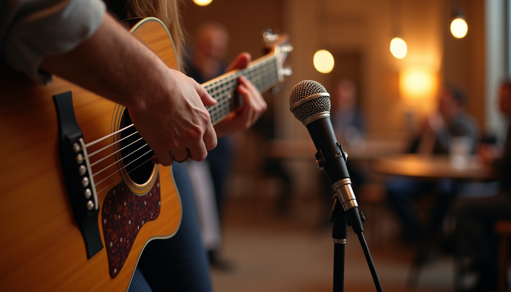 Close-up view of acoustic guitar and microphone setup at a wedding venue in Durham