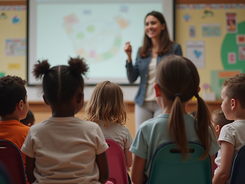 A teacher enthusiastically leading a small group of diverse primary school children in a m