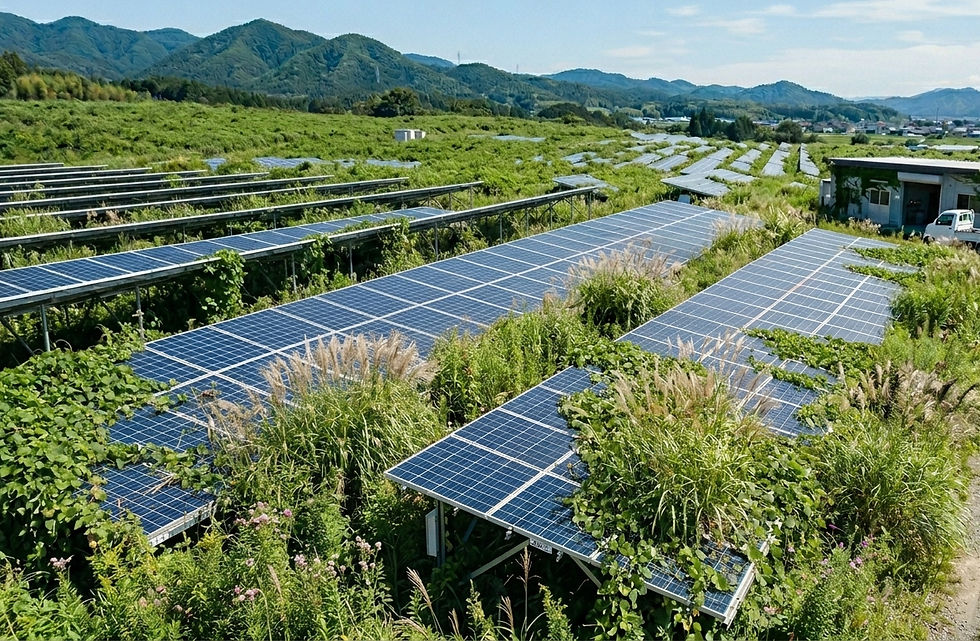 タイトル:放置された雑草が原因で火災に!?乾燥した草と太陽光発電の「電気火災」にはらむ恐怖のメカニズム