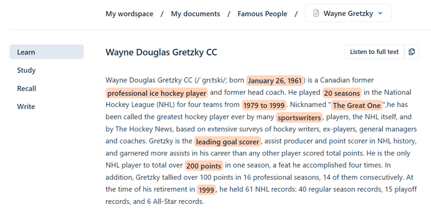 Screenshot of Wayne Gretzky text in the Next Knowledge Wordspace