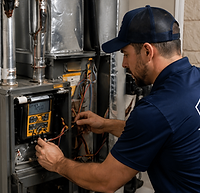Heating service technician repairing furnace system in New Braunfels Texas