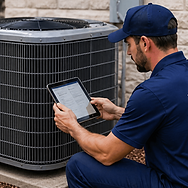HVAC maintenance technician inspecting residential air conditioning unit