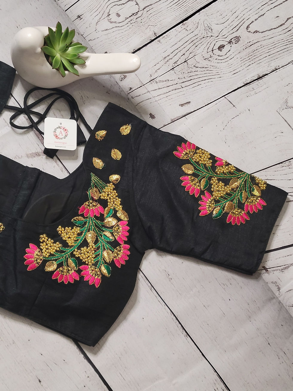 Thumbnail: Black - Hand worked embroidery readymade blouse for Indian saree