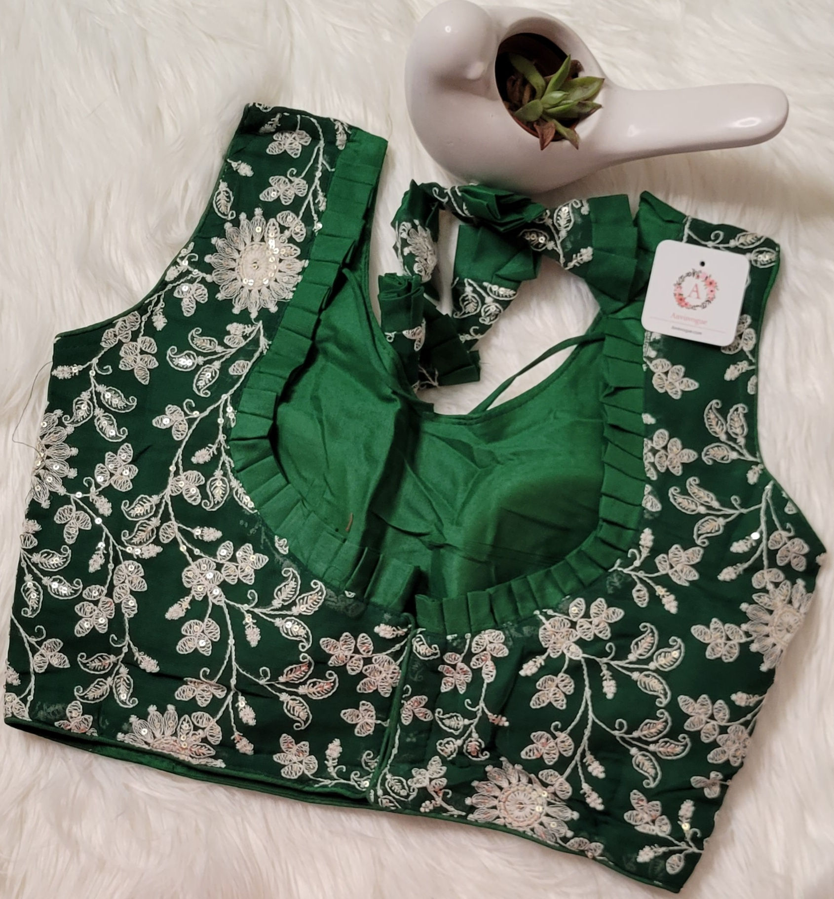 Bottle Green georgette embroidery blouse for Indian saree