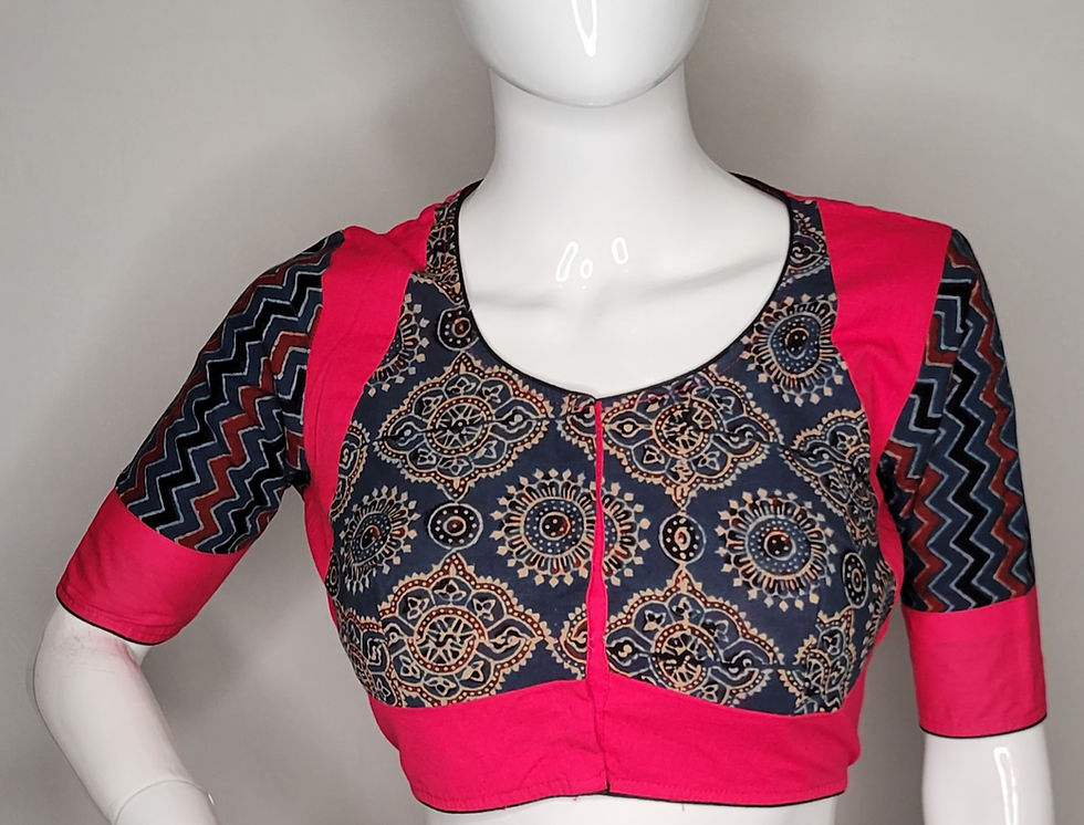 Thumbnail: Rani pink khadi cotton blouse with ajrakh patch work readymade blouse