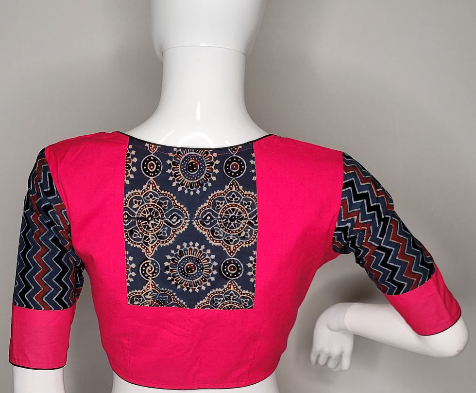 Thumbnail: Rani pink khadi cotton blouse with ajrakh patch work readymade blouse