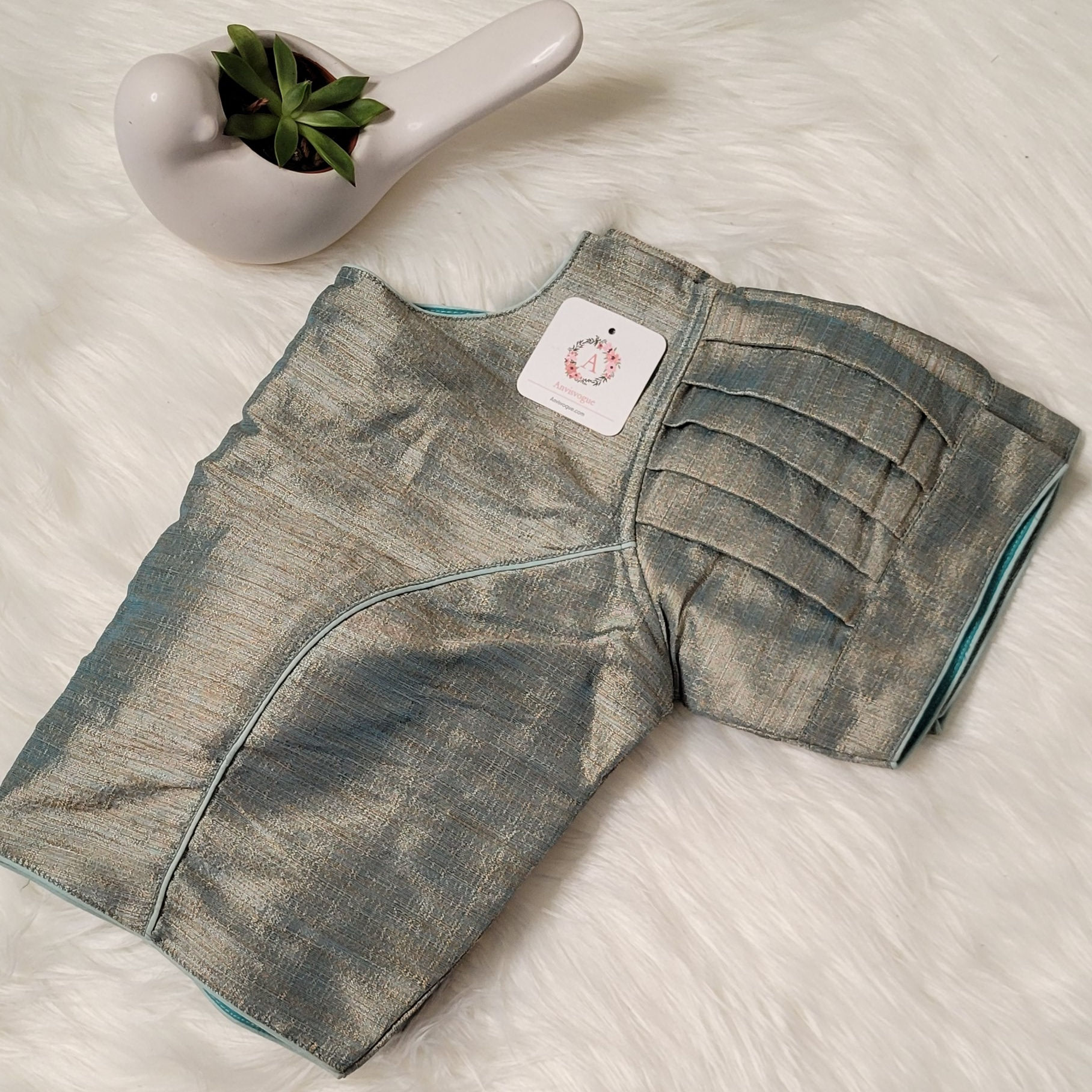 Baby Blue raw silk readymade blouse with puff sleeves for Indian saree