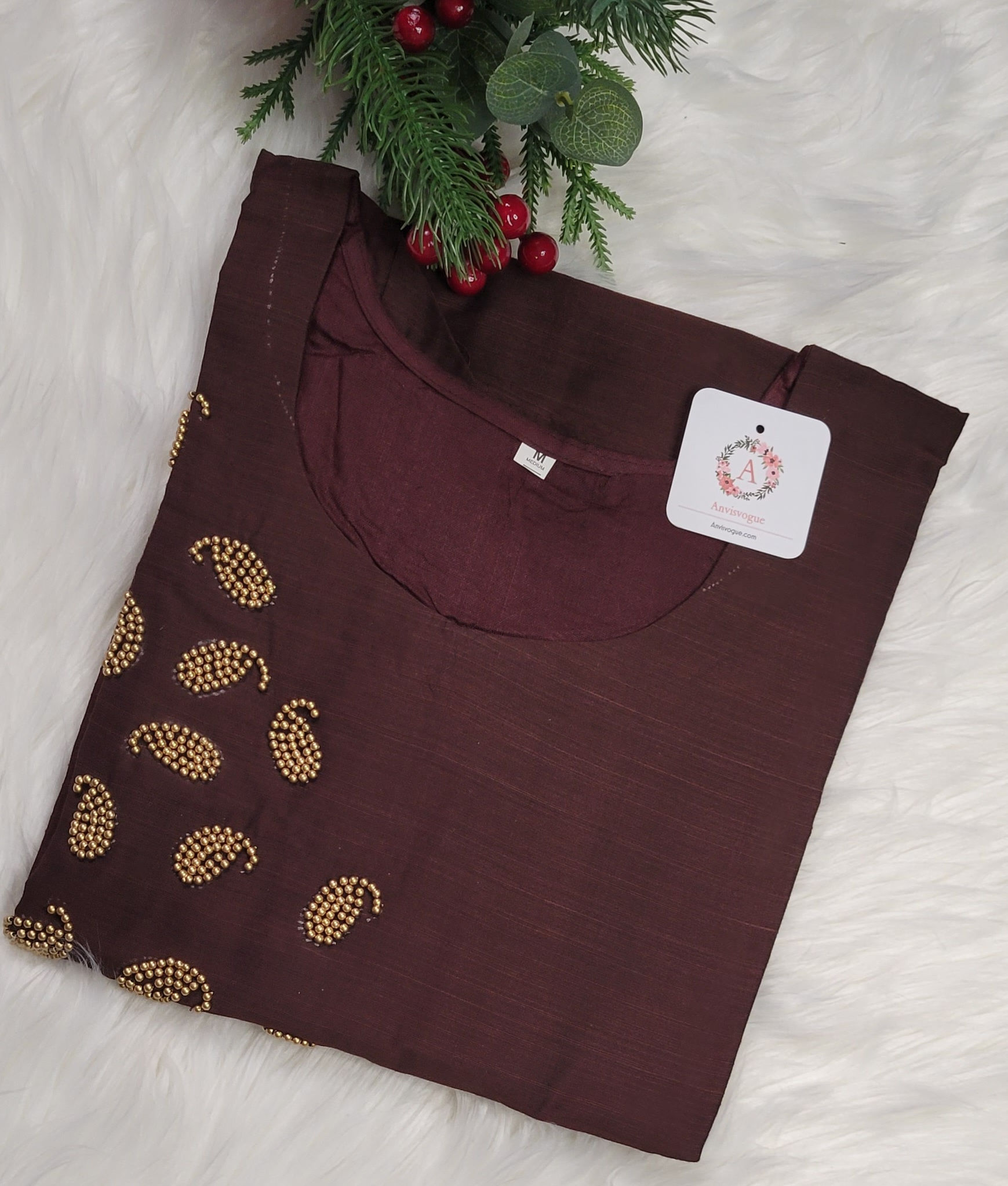 Chocolate Brown raw silk kurti with bead work