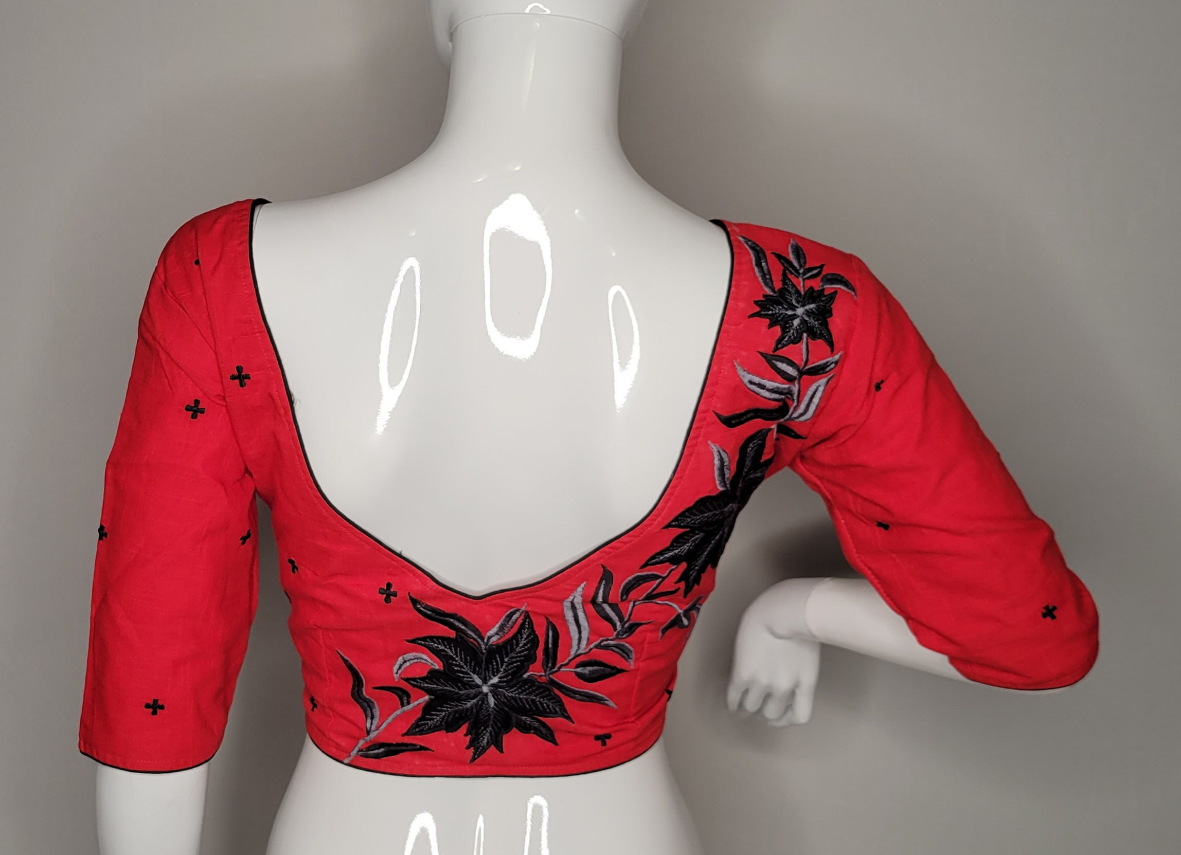 Red khadi cotton blouse with black and grey hand embroidery work