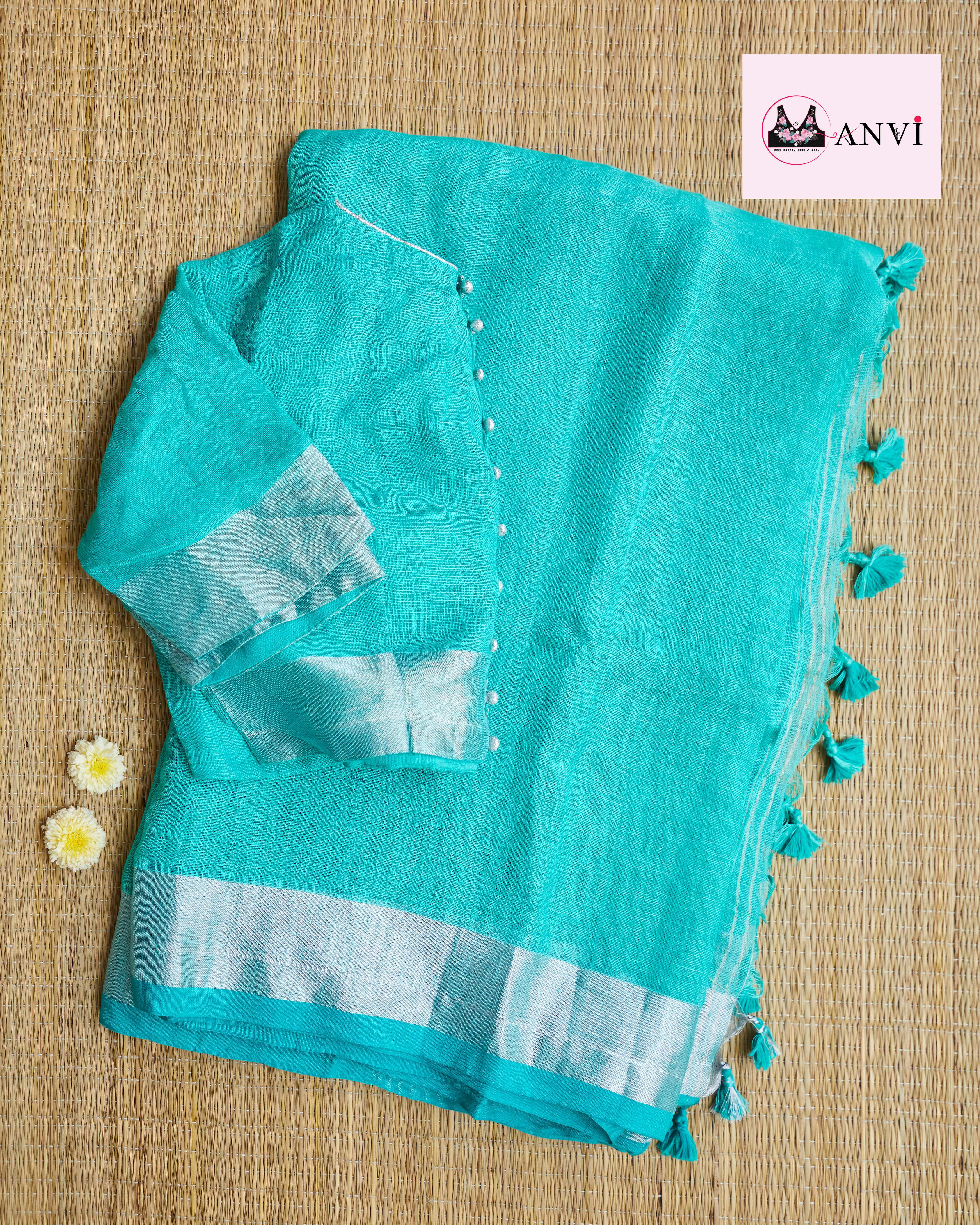 Sky Blue lenin saree with ready to wear blouse