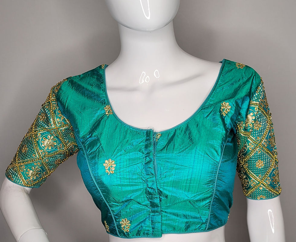 Thumbnail: Peacock Green - Hand worked embroidery readymade blouse for Indian saree
