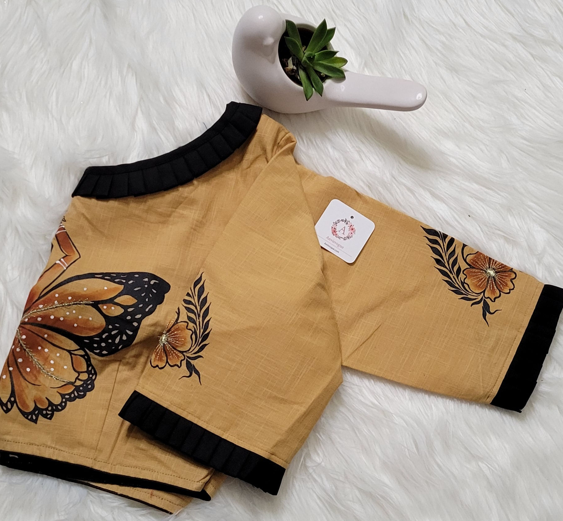 Brown khadi cotton blouse with black hand painted work for Indian saree