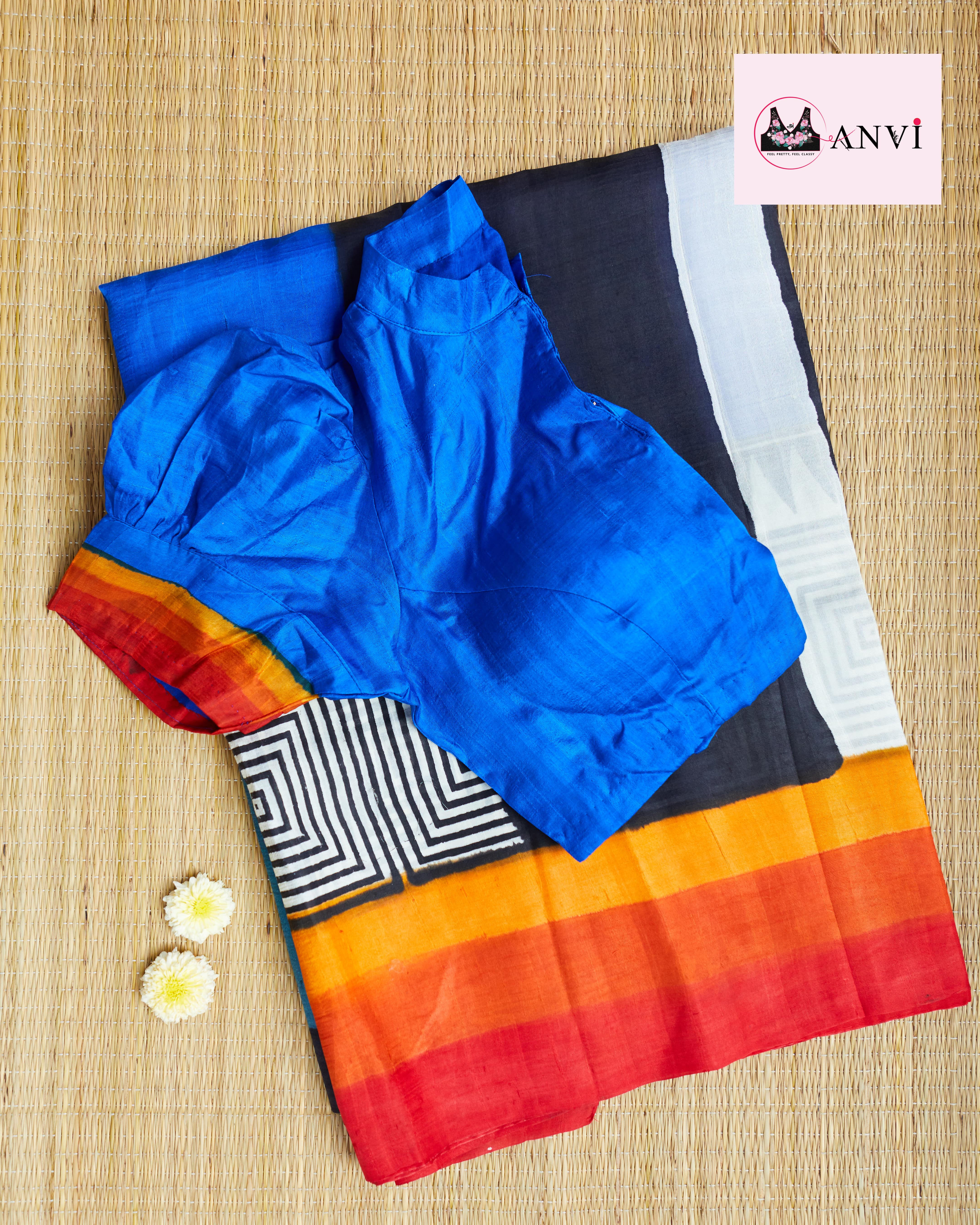 Indigo Blue Bishinpur silk saree with ready to wear blouse