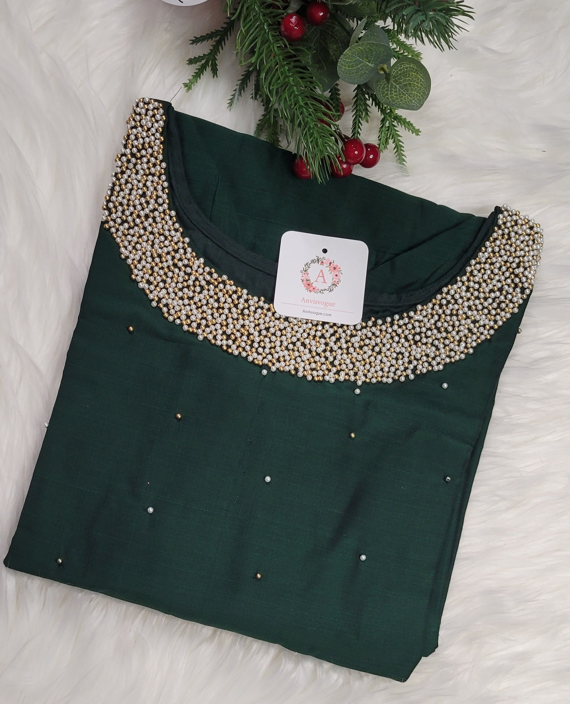 Bottle Green raw silk kurti with bead work