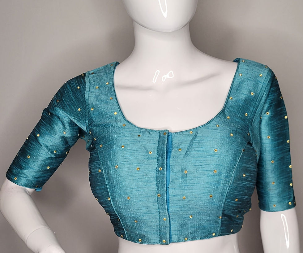 Thumbnail: Baby blue raw silk with Golden butta readymade blouse for Indian saree