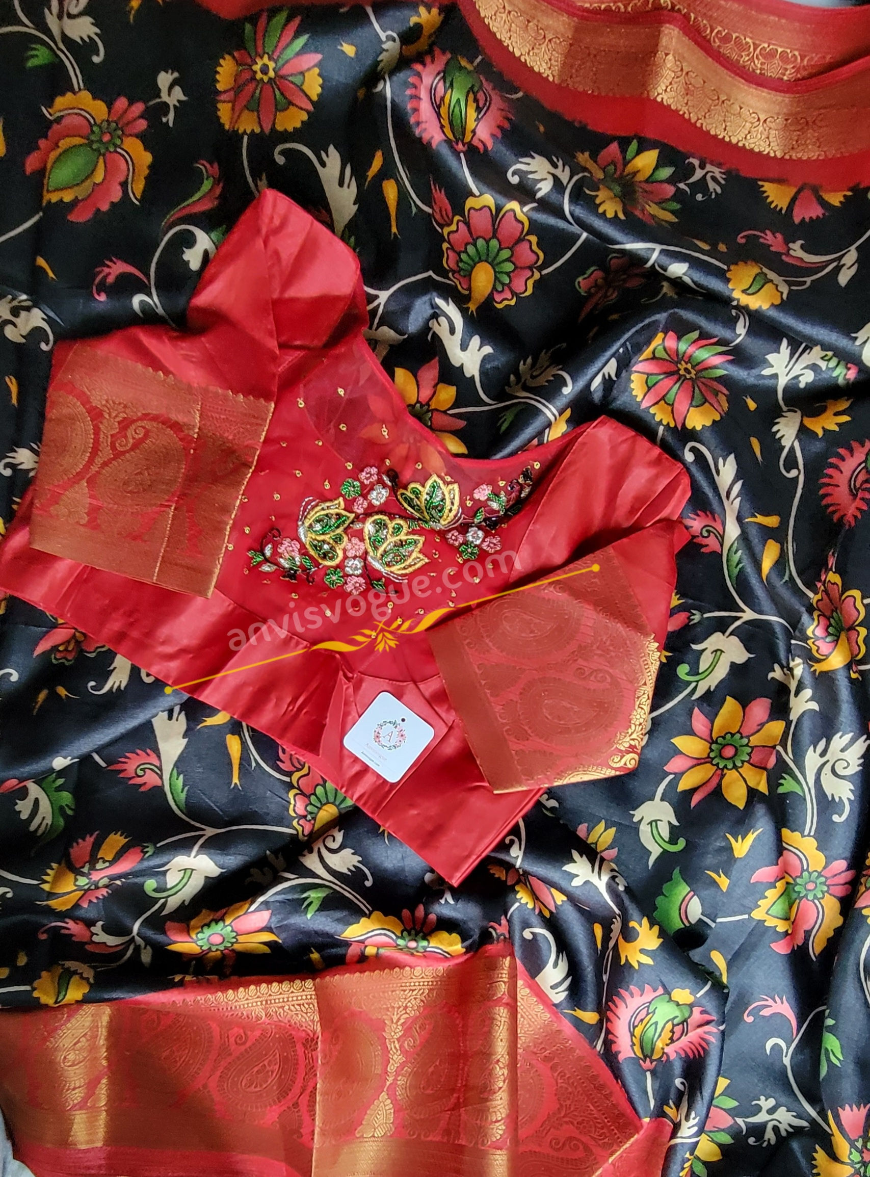 Black semi silk kalamkari saree with readymade blouse