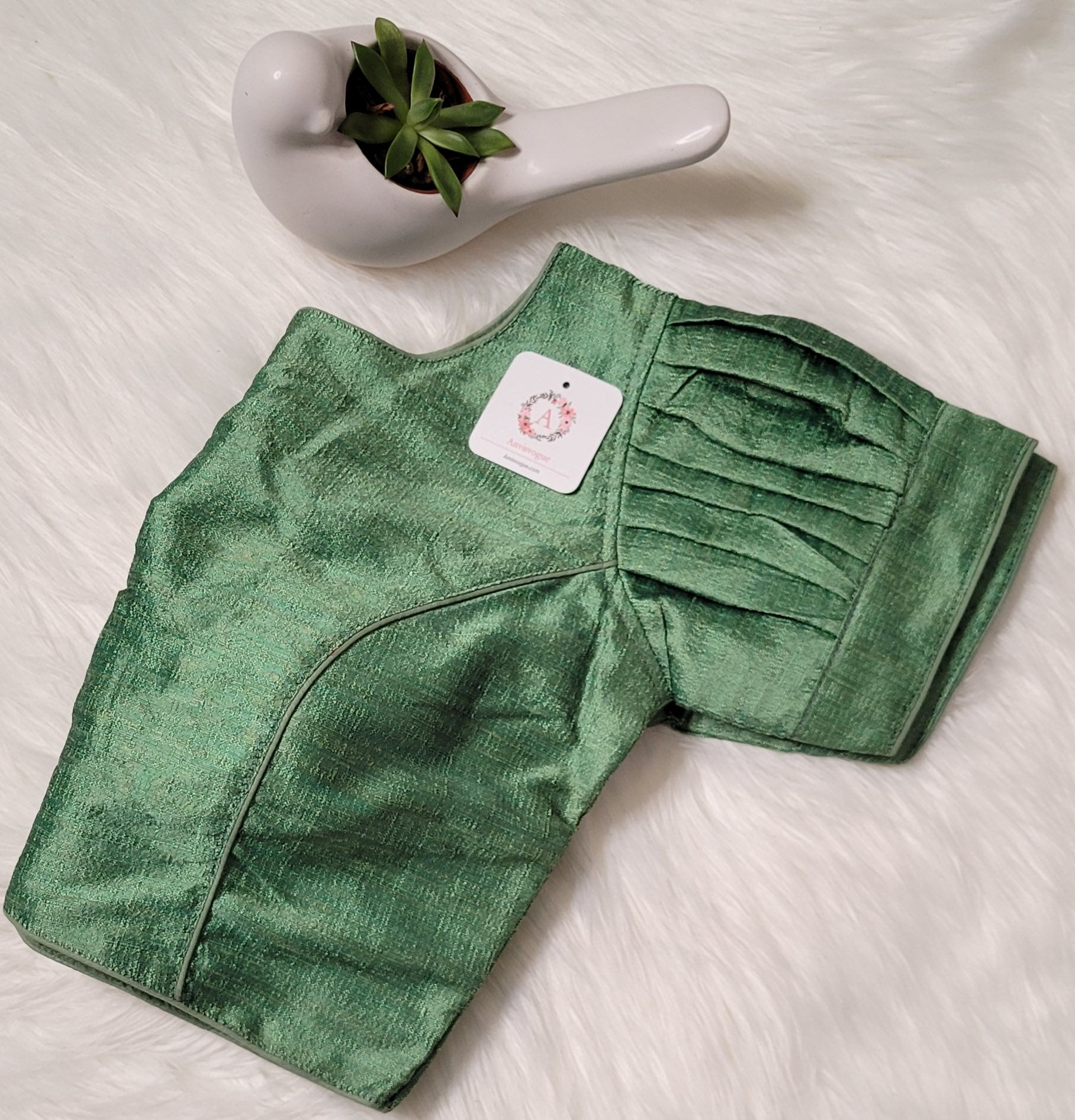 Pista Green raw silk readymade blouse with puff sleeves for Indian saree
