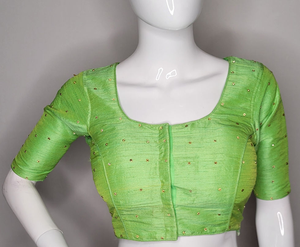 Thumbnail: Parrot Green rawsilk blouse with Golden butta readymade blouse for Indian saree