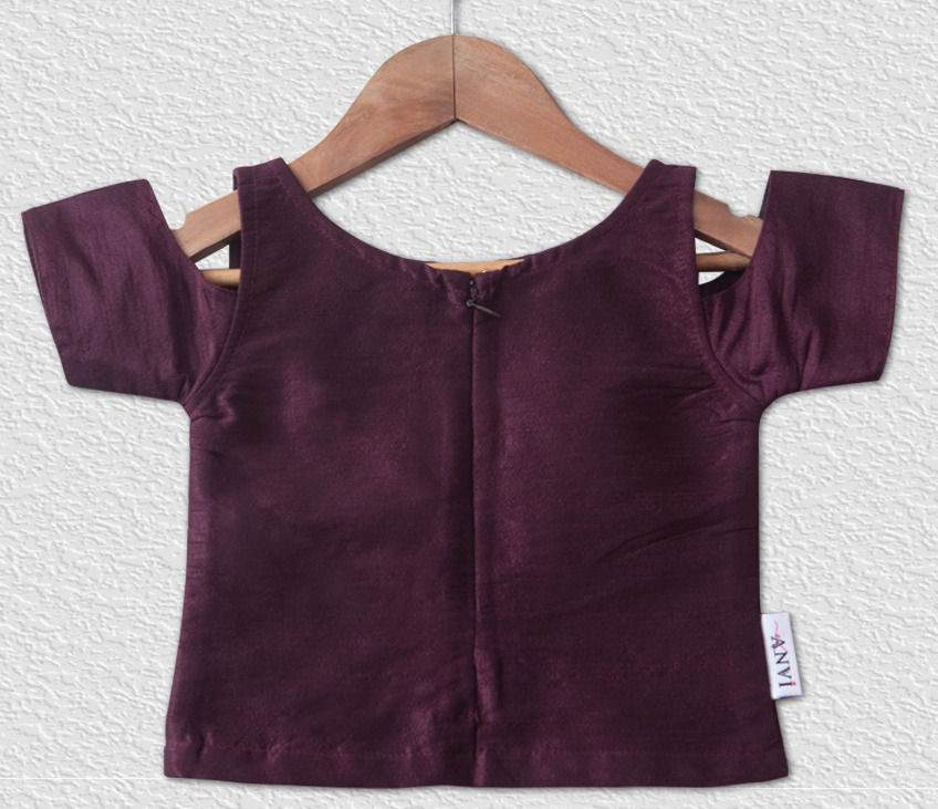 Thumbnail: Dark brown raw silk top paired with light brown lehangha for girs