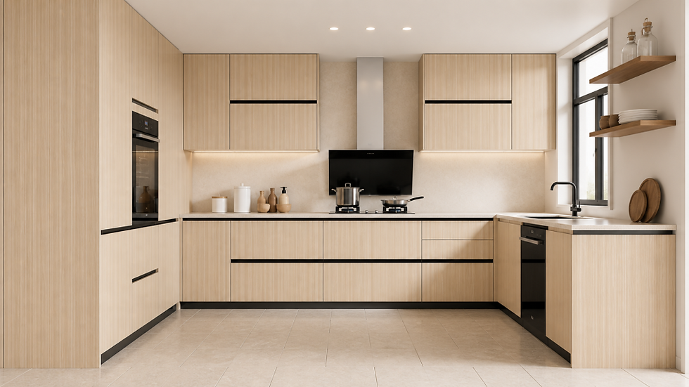 Light oak wood grain Euro slab cabinet doors with integrated handles in a modern U-shaped kitchen for Delray Beach homeowners