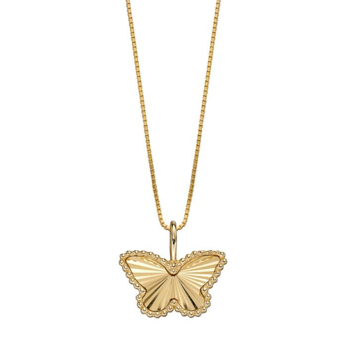 Golden butterfly pendant necklace, Léonce & Co., against a white background.