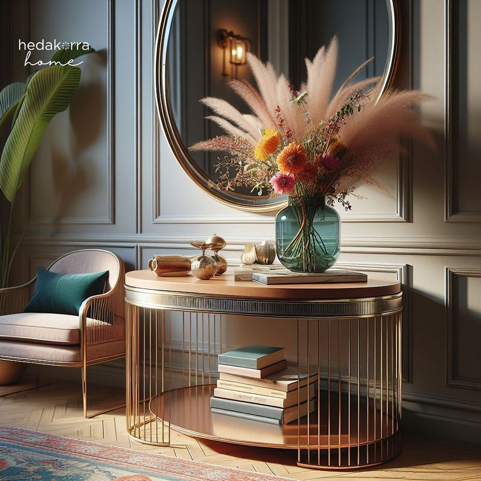 Table with vase and large vibrant flower arrangement. AI generated image.