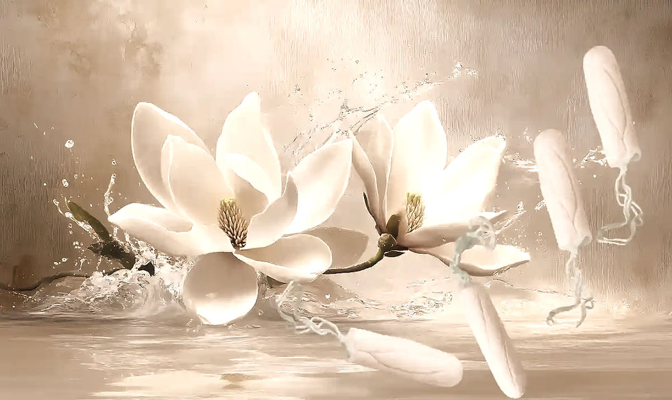 Witte magnolia's en tampons zweven boven water met opspattende druppels. Rustige achtergrond in zachte tinten.