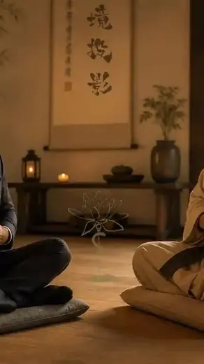 Twee mannen mediteren op kussens in een rustige kamer met kaarsen en Japanse decoratie. Rustige sfeer, zachte kleuren.