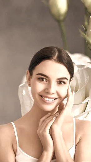 Vrouw met glimlach, handen op gezicht, voor witte bloemen. Haar donkerbruin, huidtint zacht. Neutrale achtergrond, serene sfeer.