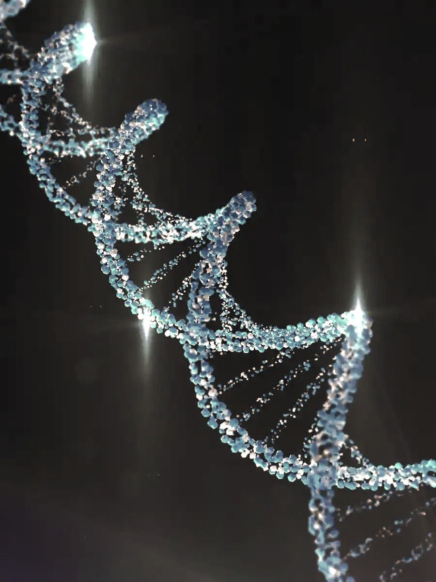 Spiraalvormig DNA-model met blauwe en witte moleculen glinsterend op een donkere achtergrond. Helder licht schijnt bovenaan.