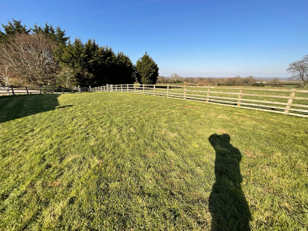 Grassed paddock sloping up towards a farm building and house.