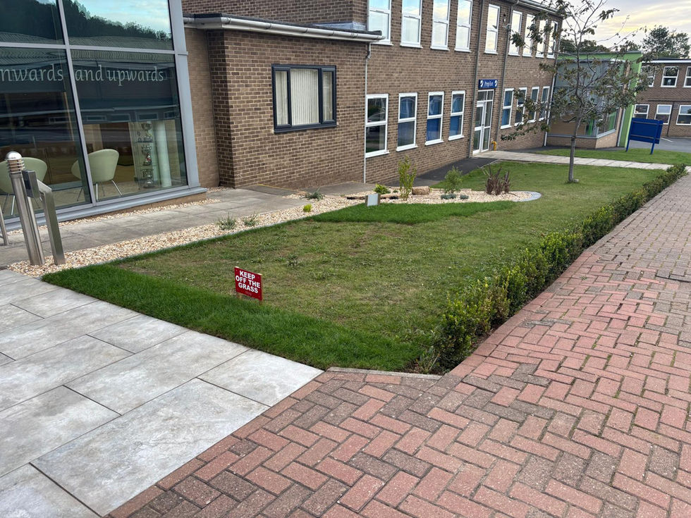 Landscaped frontage at Teesside High School with new grass, planting beds, and pathways designed and installed by Wilkinsons Landscapes.