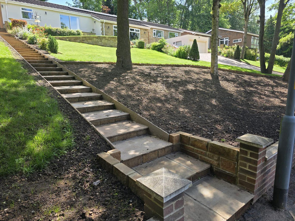 Natural stone entrance steps leading to the front door with refreshed surrounding landscaping.