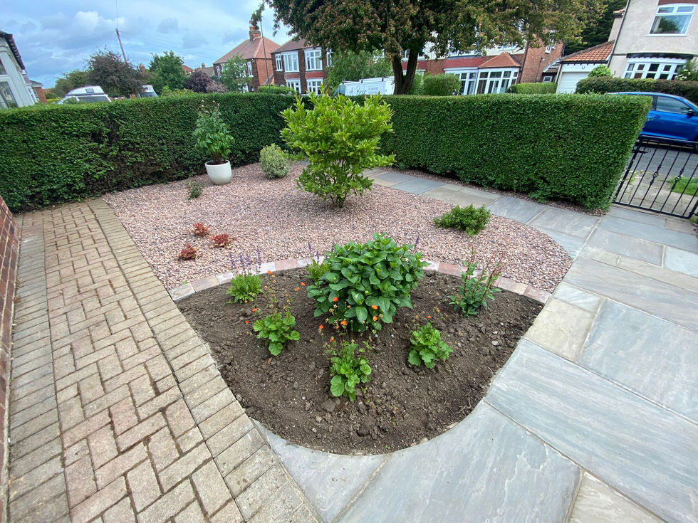 Front garden featuring natural stone paving pathway bordered by decorative gravel, clipped hedging and newly planted ornamental shrubs leading towards the property’s entrance.