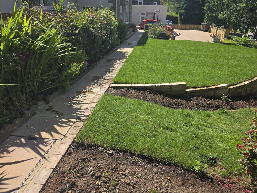 Newly turfed curved lawn bordered by natural stone retaining blocks and surrounding planting beds.