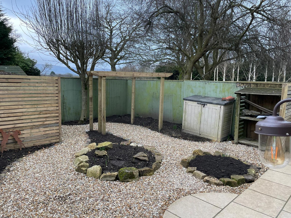 Newly completed courtyard garden with gravel beds ready for planting
