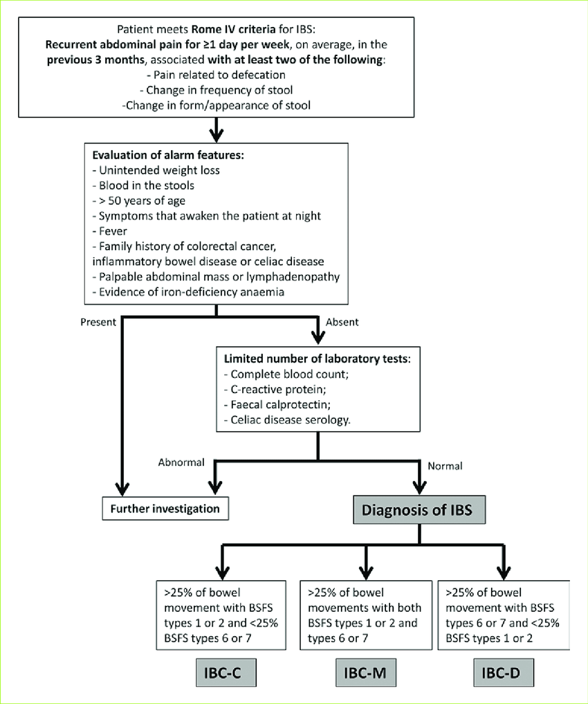 Flowchart for IBS diagnosis based on Rome IV criteria. It includes symptoms, alarm features, lab tests, and diagnostic outcomes: IBS-C, IBS-M, IBS-D.