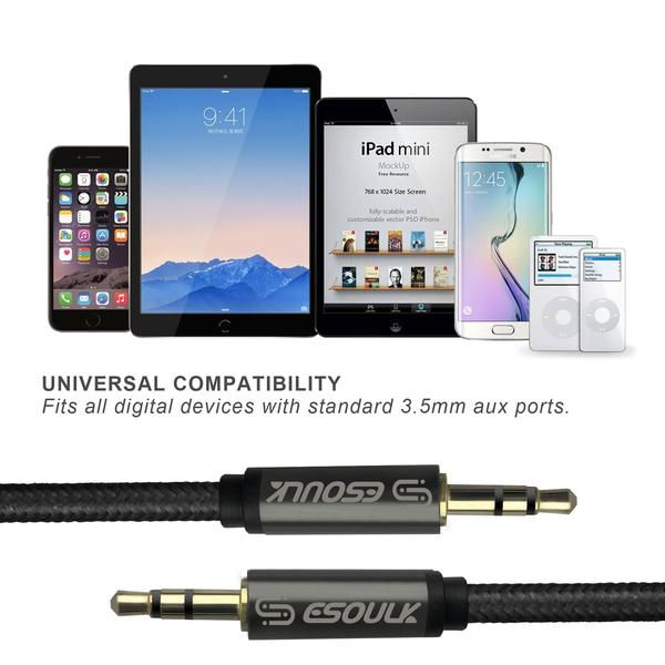 Thumbnail: Esoulk 3M [10ft] Nylon Fabric Tangle-Free Male To Male 3.5mm Auxiliary Cable Bla