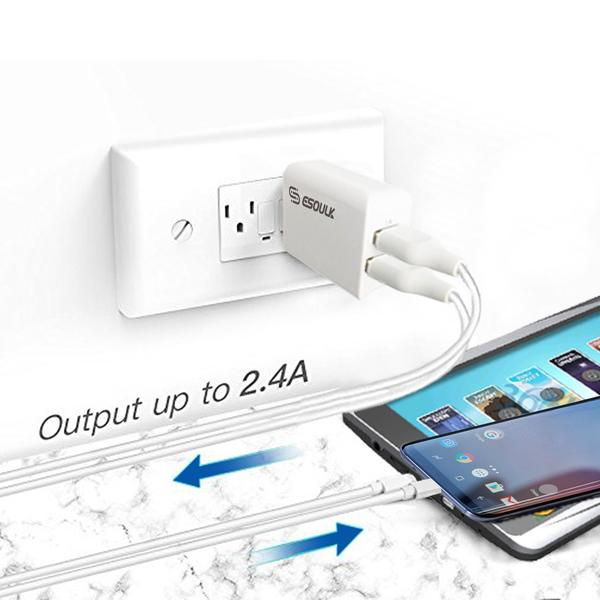Thumbnail: Esoulk 12W 2.4A Dual USB Travel Wall Charger With 5FT Type-C Charging Cable