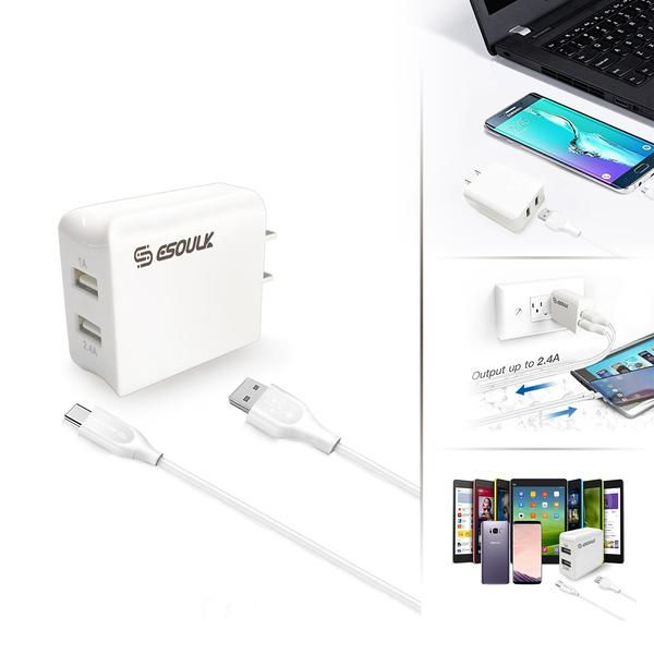 Thumbnail: Esoulk 12W 2.4A Dual USB Travel Wall Charger With 5FT Type-C Charging Cable